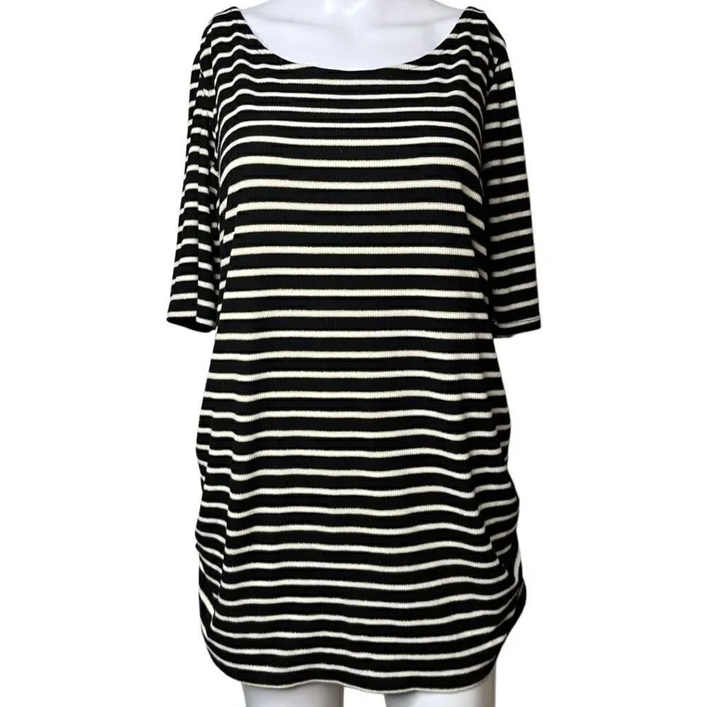 Isabel Maternity Ruched Striped 3/4 Sleeve Shirt  Black Gold White Size Large